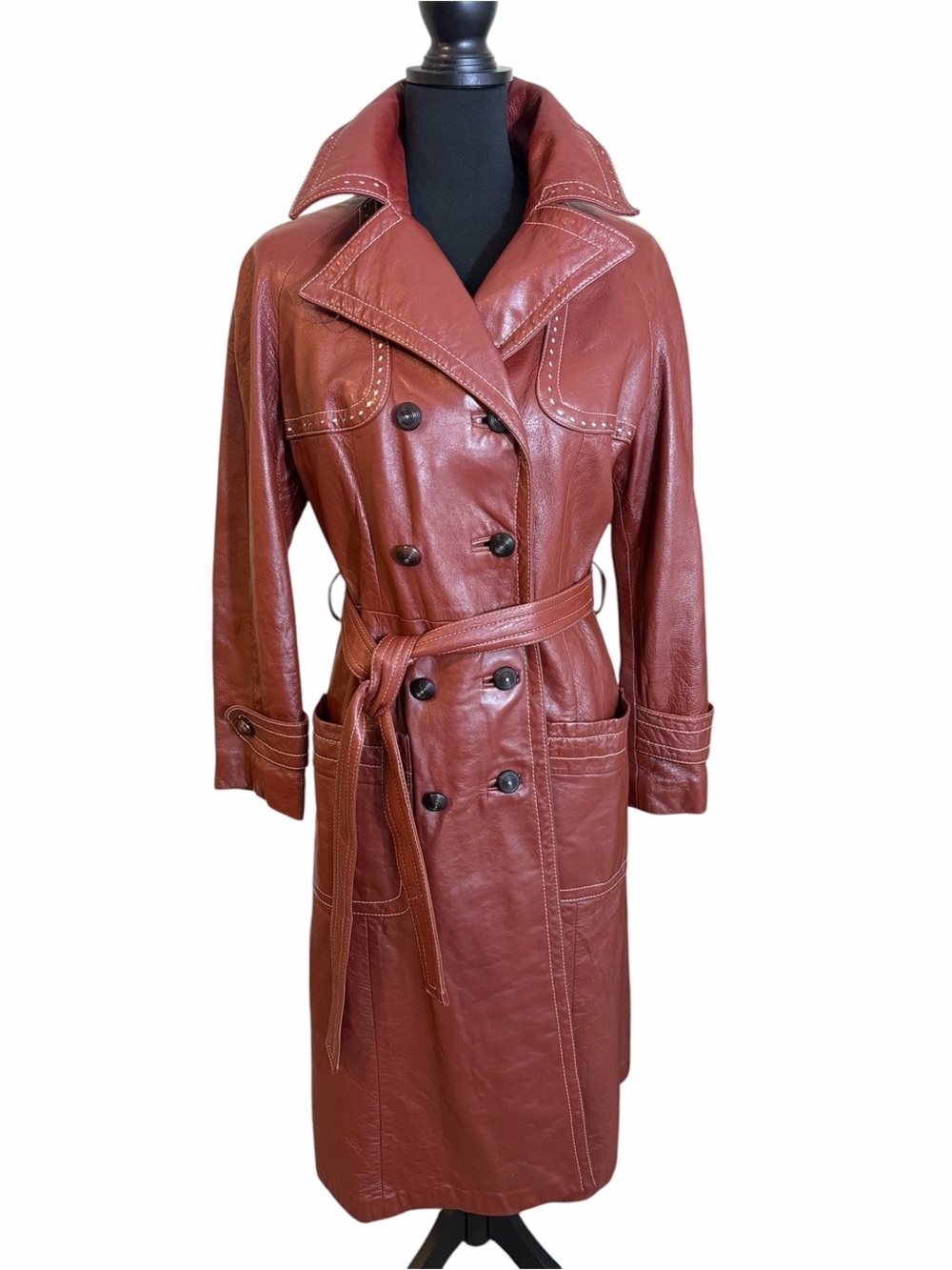 Vintage Leather Oxblood Burgundy Belted Trench Coat